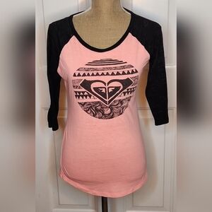 Roxy Women's Pink and Black Graphic Raglan Tee Size M